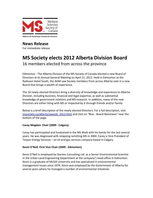 MS Society elects 2012 Alberta Division Board - Multiple Sclerosis ...