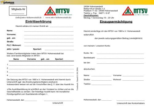 Einzugsermächtigung Eintrittserklärung - mtsv- Fussball in ...