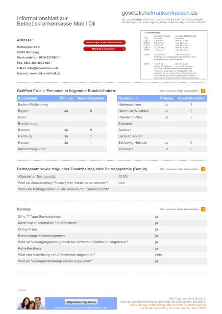 Informationsblatt zur Betriebskrankenkasse Mobil Oil - Focus