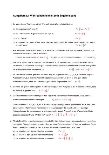 Aufgaben zur Wahrscheinlichkeit (mit Ergebnissen)