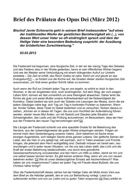 Opus Dei - PRÄLAT - Brief des Prälaten des Opus Dei (März 2012)