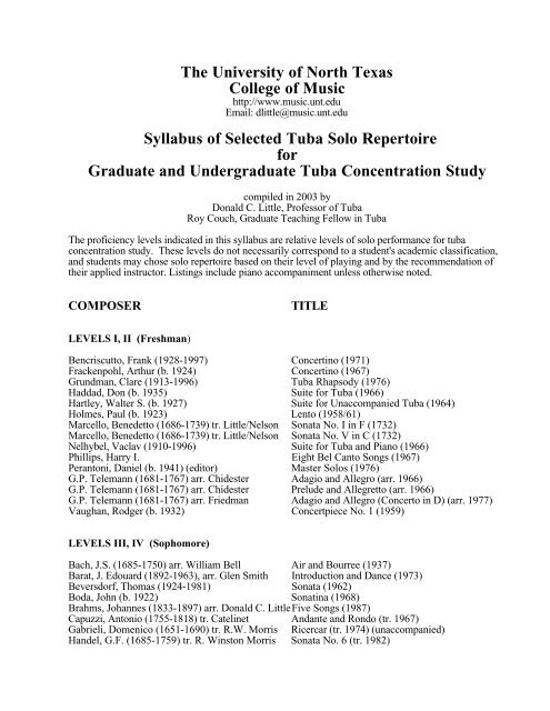 Tuba Solo Syllabus Unt College Of Music University Of North Texas