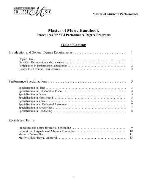 Master of Music Handbook - UNT College of Music - University of ...