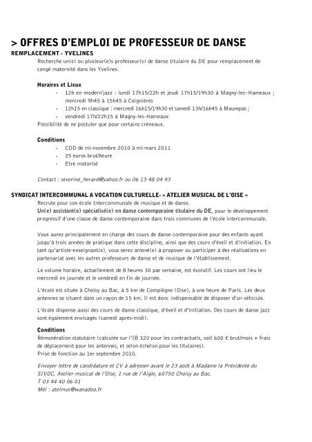 OFFRES D'EMPLOI DE PROFESSEUR DE DANSE - Artishoc