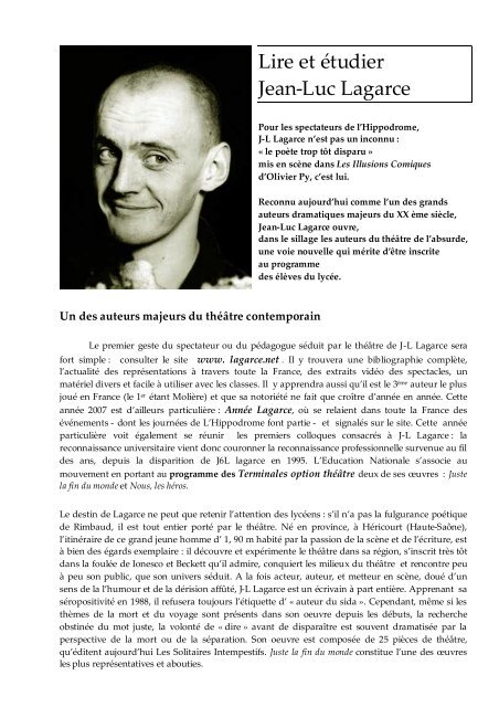 Lire et étudier Jean-Luc Lagarce - Artishoc