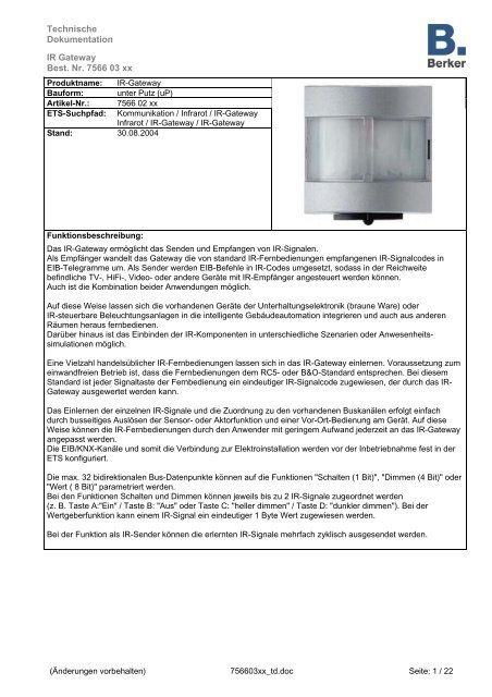 Technische Dokumentation IR Gateway Best. Nr. 7566 03 xx