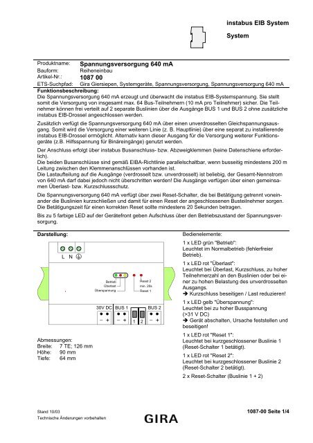 instabus EIB System System Spannungsversorgung 640 mA 1087 00