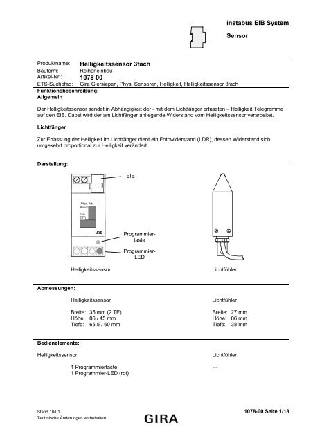 instabus EIB System Sensor Helligkeitssensor 3fach 1078 00