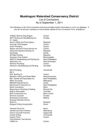 Current list of MWCD contractors - Muskingum Watershed ...