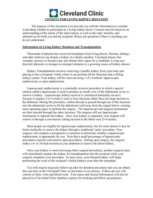 Living Related Kidney Donation Consent Form - Cleveland Clinic