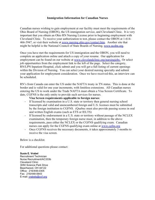 Immigration Information for Canadian Nurses ... - Cleveland Clinic