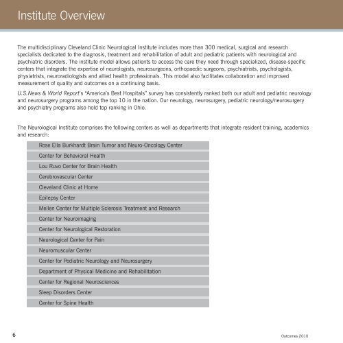 2010 Neurological Institute Outcomes - Cleveland Clinic