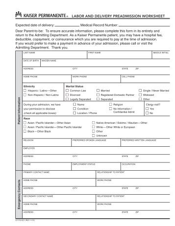 Labor and Delivery Preadmission Worksheet - My Doctor Online The ...