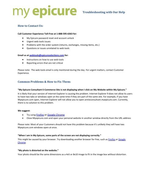 Troubleshooting with Our Help How to Contact Us ... - My Epicure