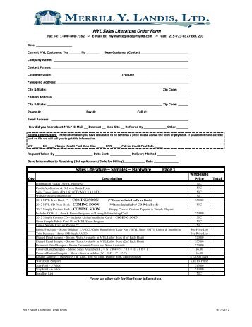 1 - Sales Literature Order Form - 2012 - Merrill Y. Landis, Ltd