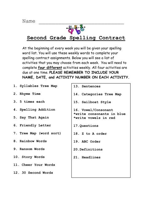 Second Grade Spelling Contract