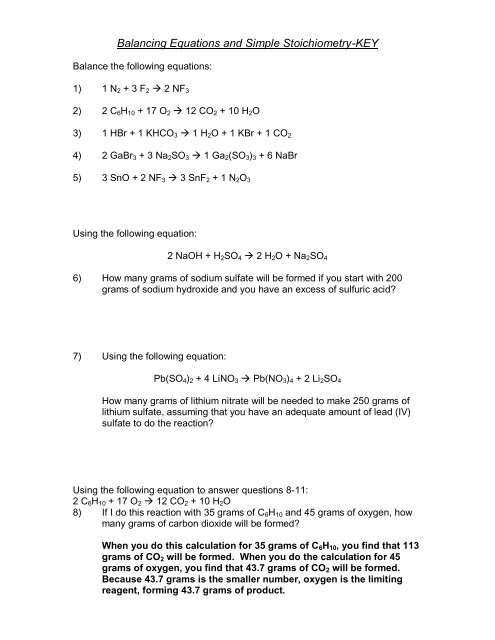 Balancing Equations and Simple Stoichiometry-KEY