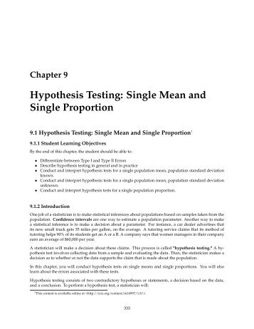 Chapter 9 Hypothesis Testing: Single Mean and Single Proportion