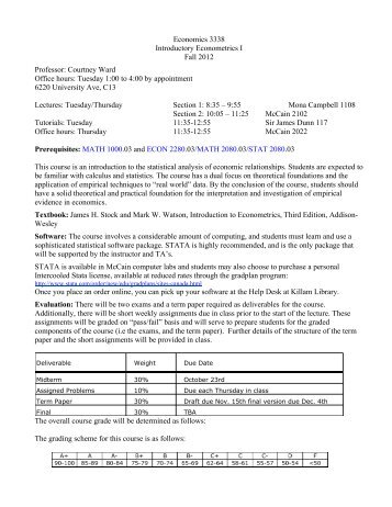 Economics 3338 Introductory Econometrics I Fall 2012 - Myweb.dal.ca