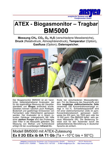 ATEX - Biogasmonitor â Tragbar BM5000 Messung CH4, CO2, O2 ...