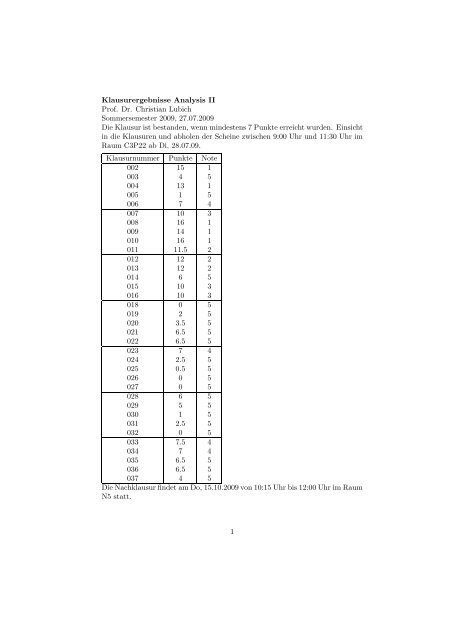 Klausurergebnisse Analysis II Prof. Dr. Christian Lubich ...