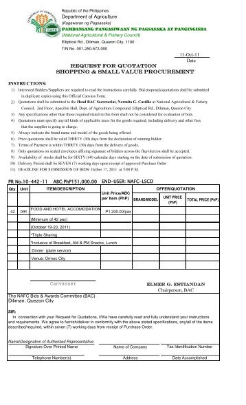 Department of Agriculture Date REQUEST FOR QUOTATION ...