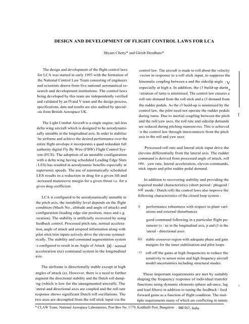 design and development of flight control laws for lca - NAL ...