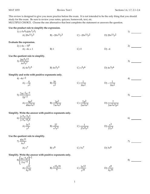 Mat 1033 Review Test I Sections 1 6 1 7 2 1 2 4 This Review