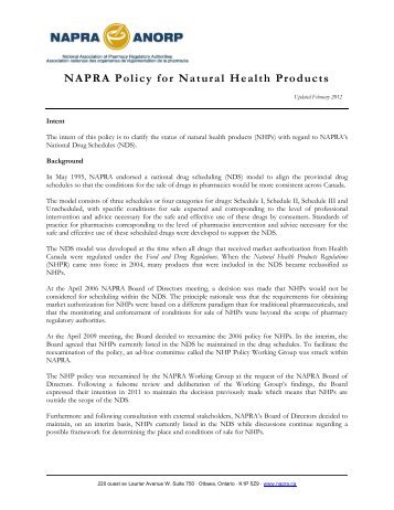 NAPRA Policy for Natural Health Products