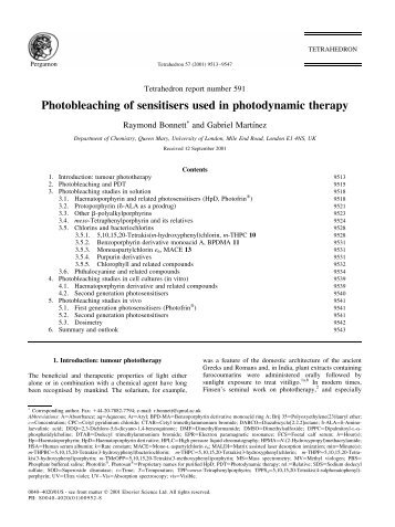 Photobleaching of sensitisers used in photodynamic therapy