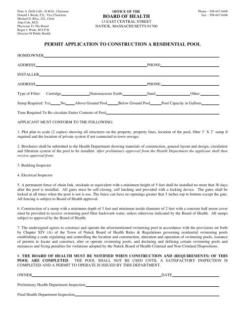 Permit to Constuct a Residential Pool - Town of Natick