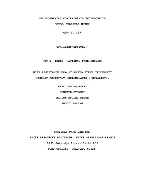 Vinyl Chloride Environmental Hazard Summary National Park Service