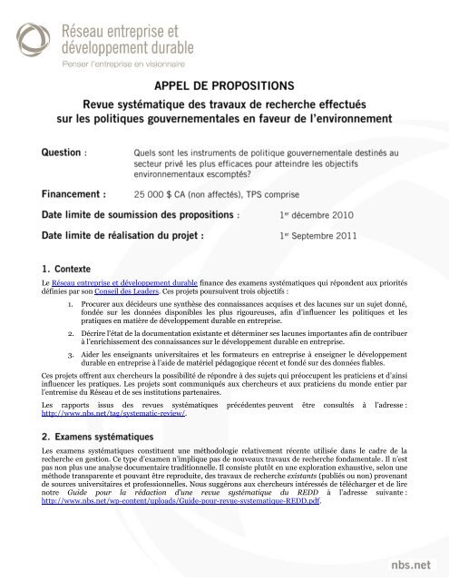 DEMANDE DE PROPOSITIONS