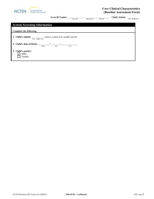 Core Clinical Characteristics (Baseline Assessment Form) System ...