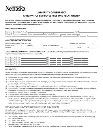 Affidavit of Employee Plus One Relationship - University of Nebraska