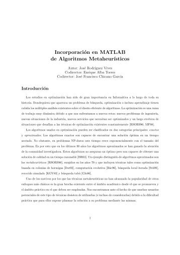 Incorporación en MATLAB de Algoritmos Metaheur´ısticos - NEO