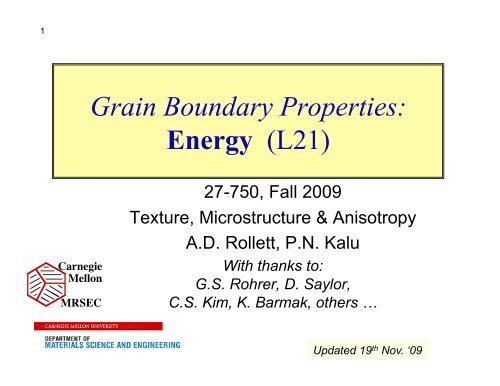 Grain Boundary Properties: Energy (L21) - Materials Science and ...