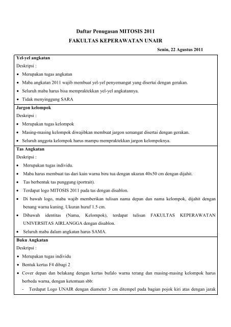 Daftar Penugasan MITOSIS 2011 FAKULTAS KEPERAWATAN UNAIR