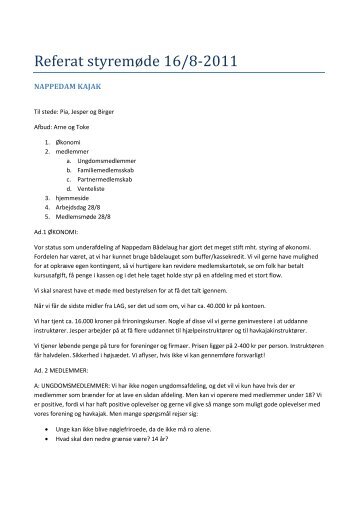 Referat fra styregruppemøde d. 16/8-2011 - Nappedam Kajak