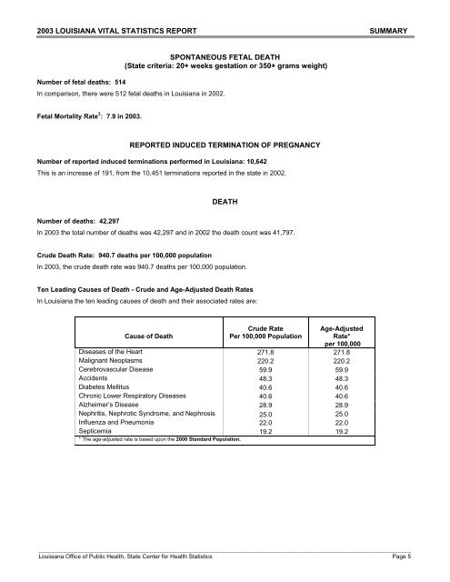 2003 Louisiana Vital Statistics Report - Louisiana Department of ...