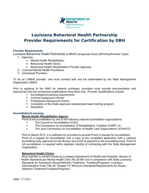 Louisiana Behavioral Health Partnership Provider Requirements for ...