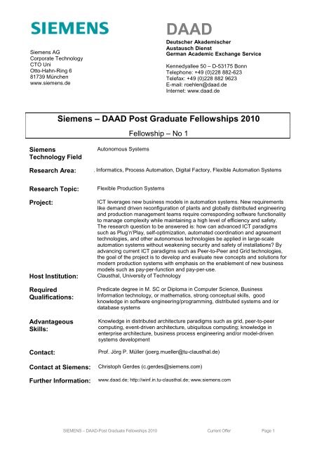 Siemens – DAAD Post Graduate Fellowships 2010