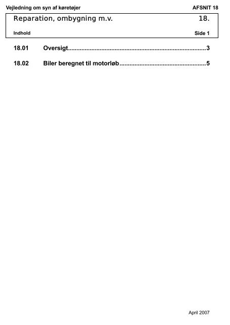 Vejledning om syn af køretøjer AFSNIT 0 Side 1