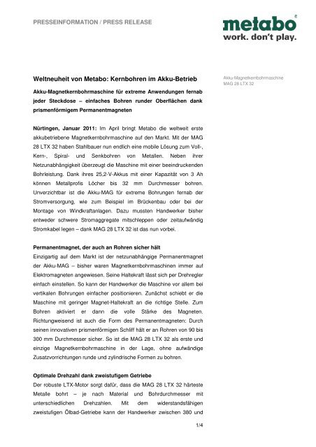 Weltneuheit von Metabo: Kernbohren im Akku-Betrieb - Newsroom ...
