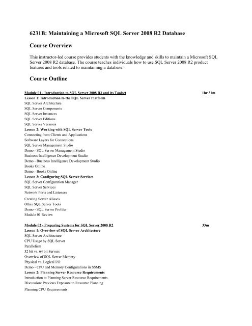 6231B: Maintaining a Microsoft SQL Server 2008 R2 Database ...