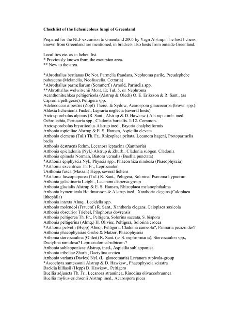 Checklist of the lichenicolous fungi of Greenland Prepared for the ...