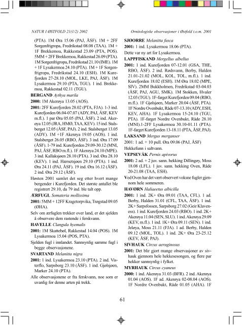 Ornitologiske observasjoner i Østfold t.o.m. 31.12.2001, - nytt fra den ...