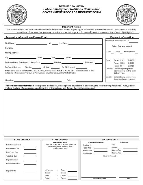 NJ PERC OPRA Record Request Form - State of New Jersey