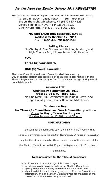 Na-Cho Nyak Dun Election October 2011 NEWSLETTER