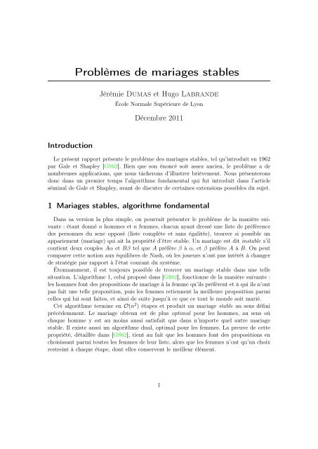 Problèmes de mariages stables